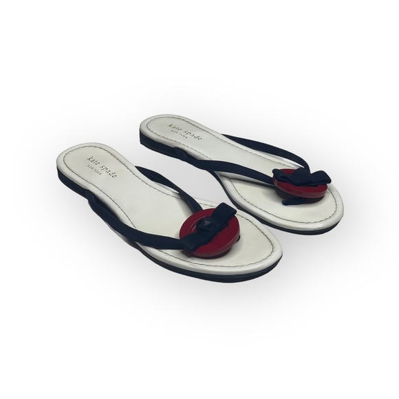 Kate Spade KSNY Thong Button + Bow Flat Leather Sandals Red White Blue 8M - Picture 9 of 16